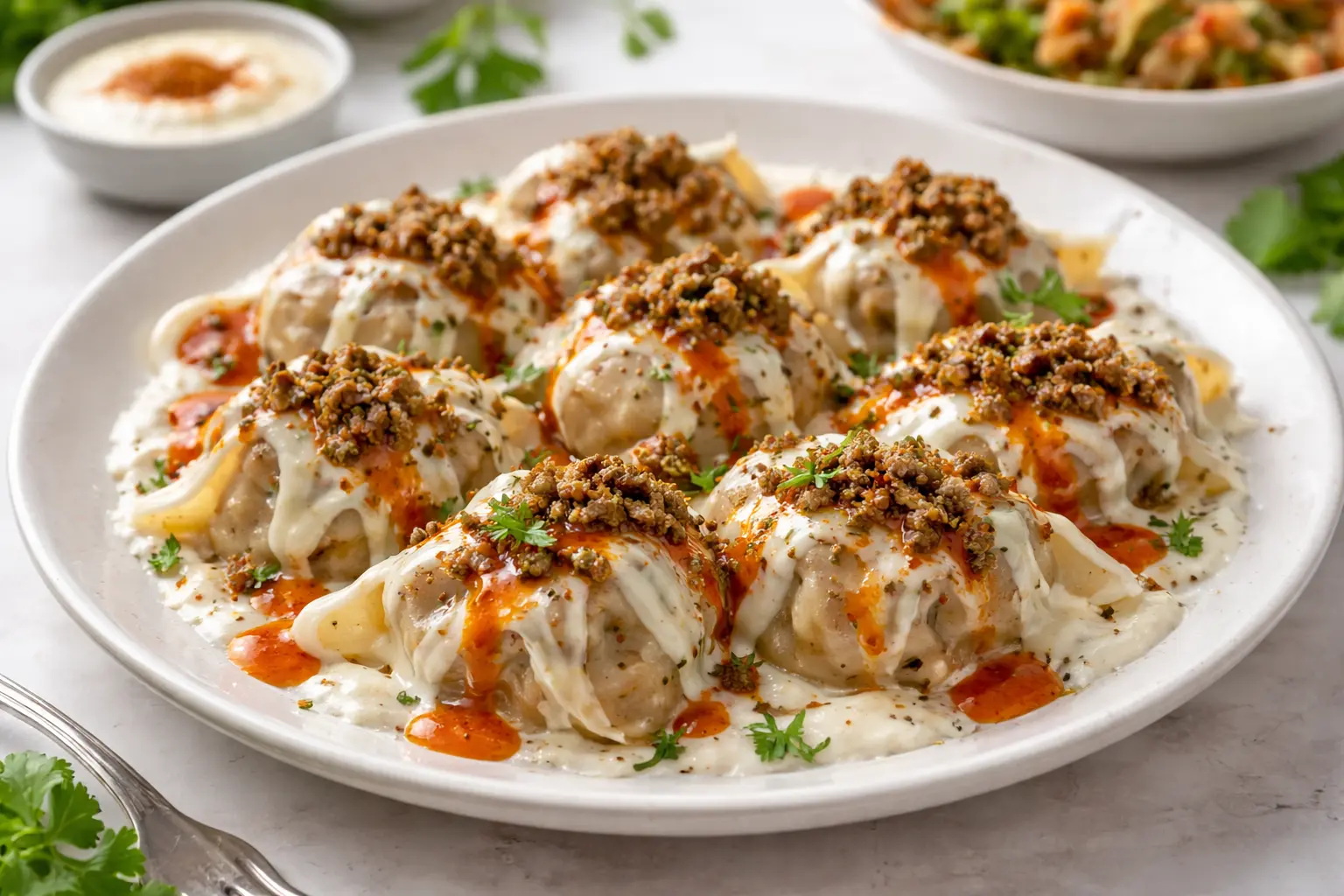 Mantu dumplings at Afghan Chopan Kebab Edmonton - traditional Afghan dumplings with yogurt sauce